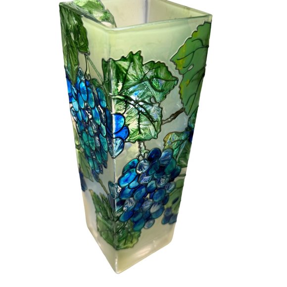 Hand Painted Grapes Vines Leaves Stained Glass Vase Joan Baker Designs 10" Tall - Picture 5 of 15